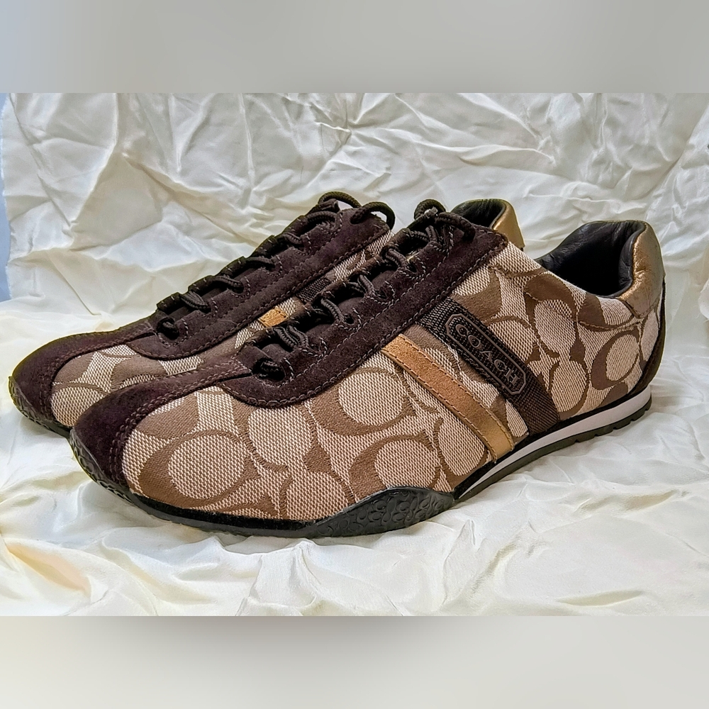 COACH Katelyn Khaki Canvas & Chocolate Brown Suede Sneakers Gold Trim, Size 8 M